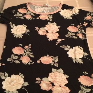 Black t-shirt with pink and white flowers